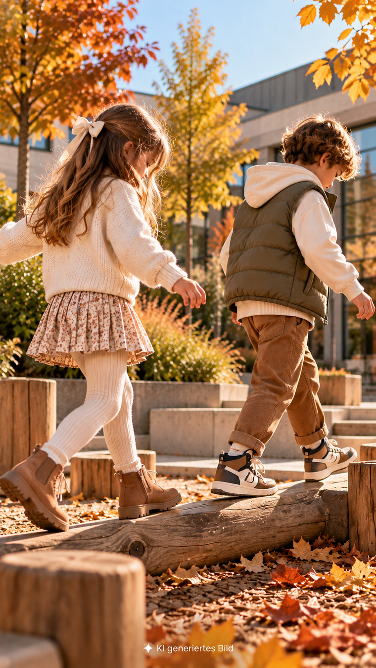 Mädchen und Junge in herbstlichen Outfits mit Kinderschuhen von Schuh Eggers